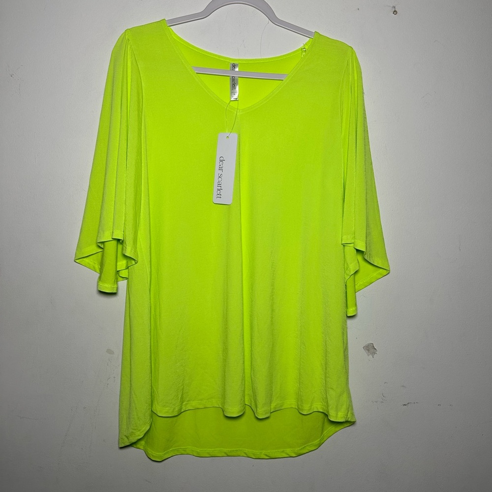 Dear Scarlett Neon Yellow-Green V-Neck Flutter Bell Sleeve Tunic Top Large NWT‎ - Picture 11 of 12